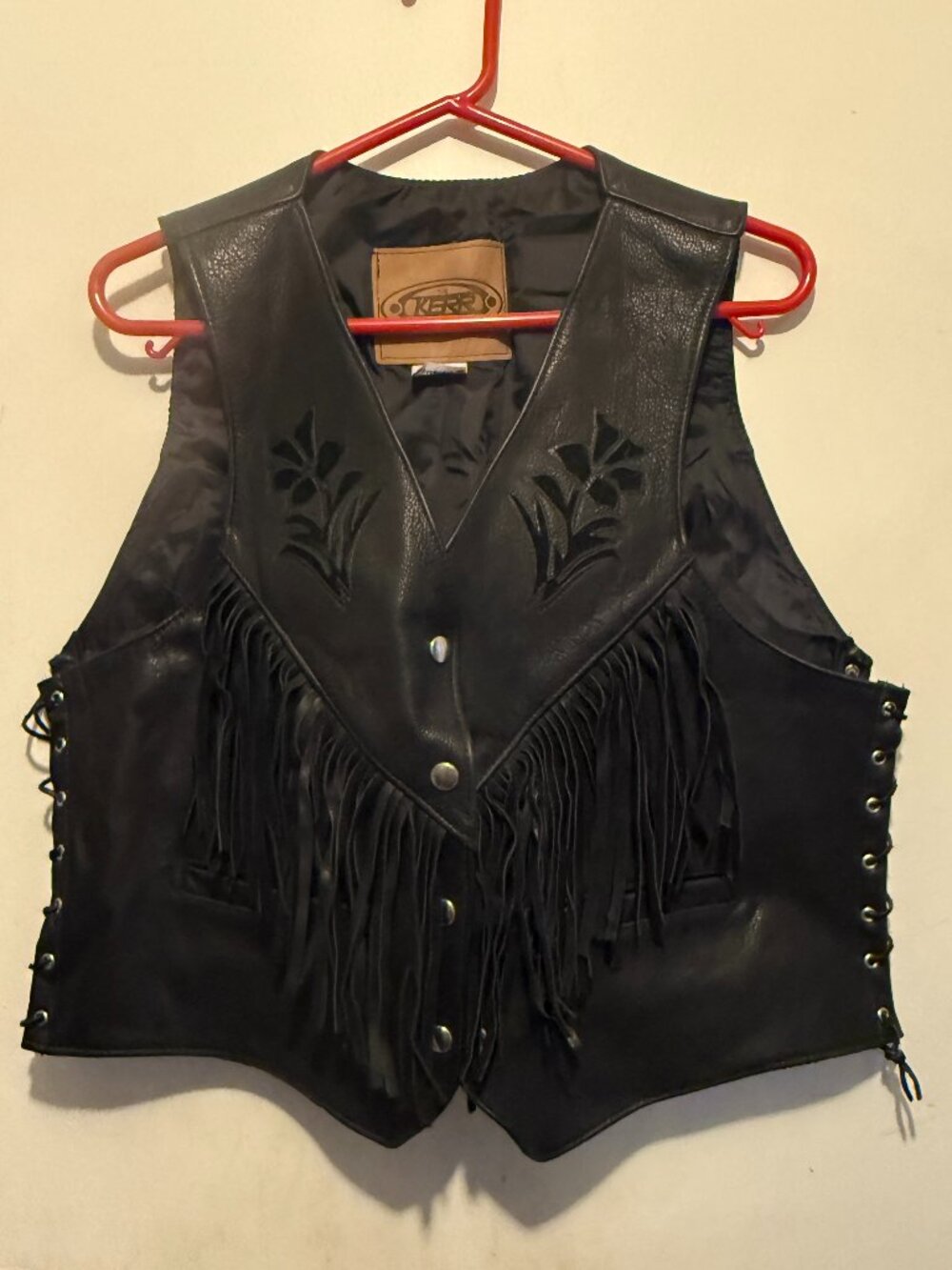 Leather Vest Kerr Leather Glossy Black/Black Suede Flowers Tassels size L